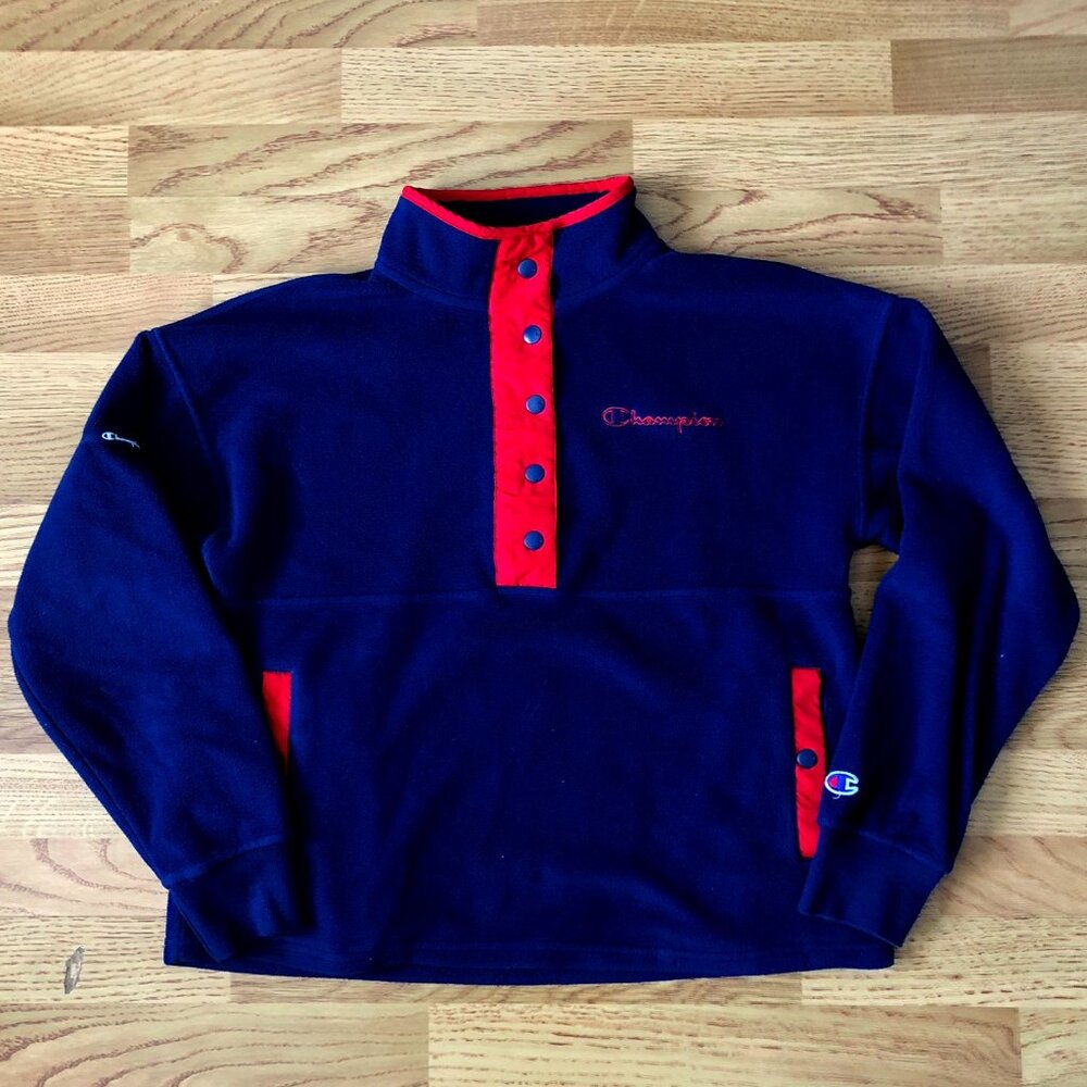 CHAMPION (Size M) Half-Bottom Navy & Red Fleece Jacket